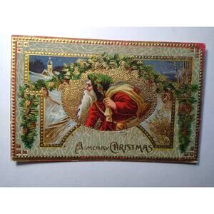 Vintage Embossed Old World Santa Claus Christmas Postcard with Fancy Gold Detail